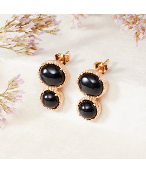 Puces d'oreilles serties double d'Agate noire en plaqué or pour bénéficier 