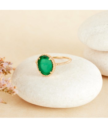 Bague perlée sertie d'Agate verte en plaqué or de la marque