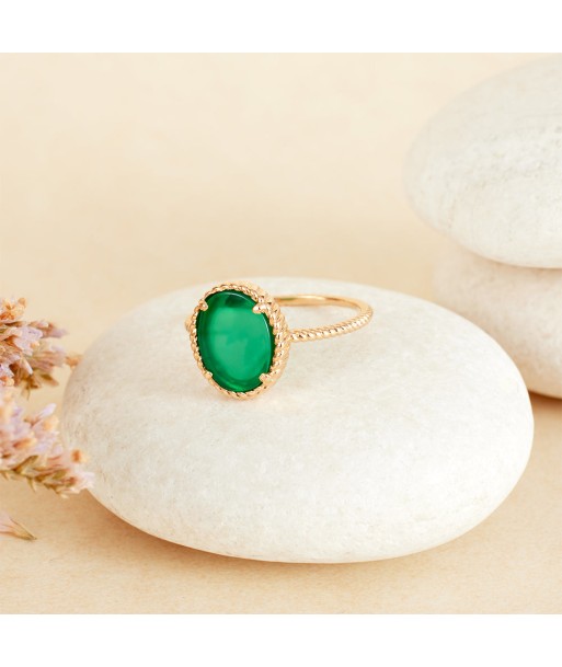 Bague perlée sertie d'Agate verte en plaqué or de la marque