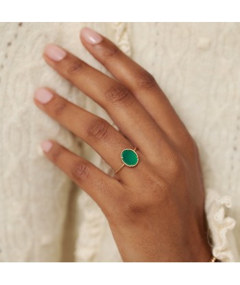 Bague perlée sertie d'Agate verte en plaqué or de la marque